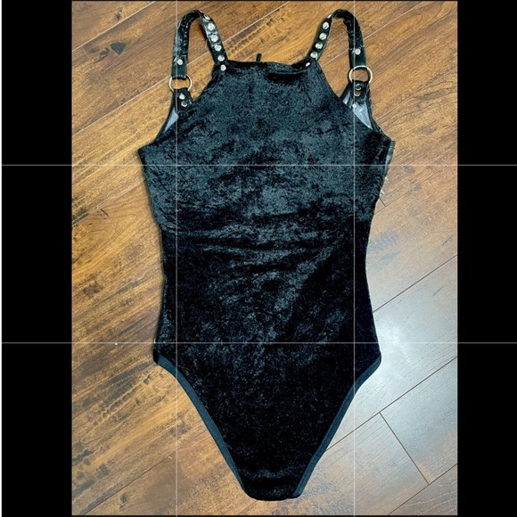 Spiked Leather & Crushed Velvet Bodysuit Vampire Goth Bondage Fetish Biker Metal - Picture 3 of 3